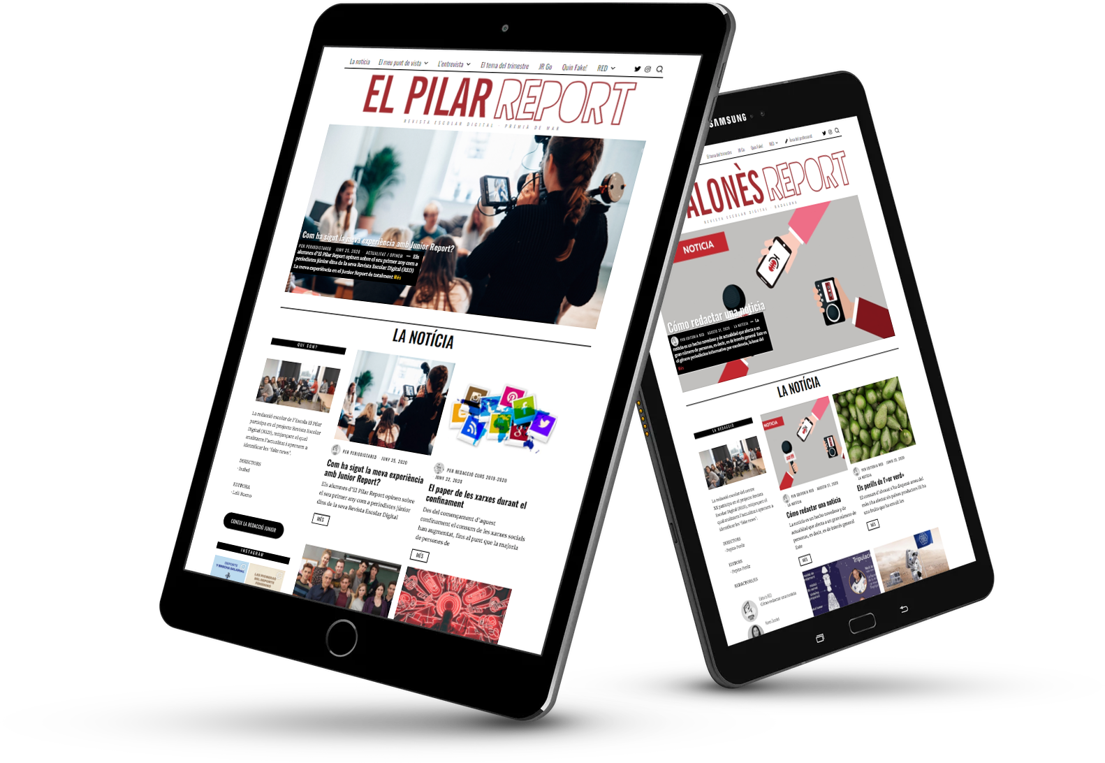Dos ipads con la portada de El Pilar Report y Badalonès Report del proyecto Junior Report RED Revista Escolar Digital