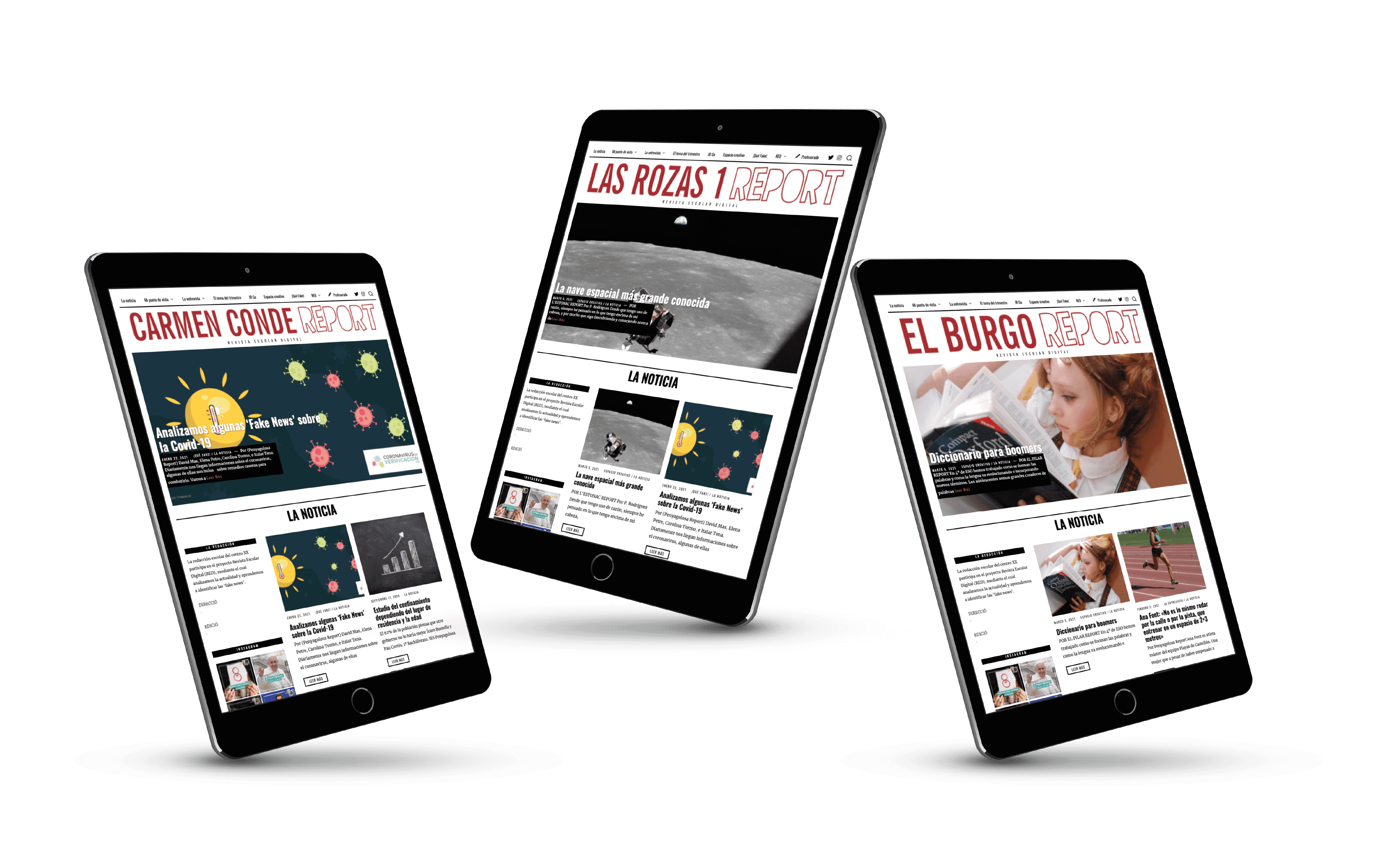 Tres iPads con las portadas de tres diarios escolares del proyecto Junior Report RED Revista Escolar Digital
