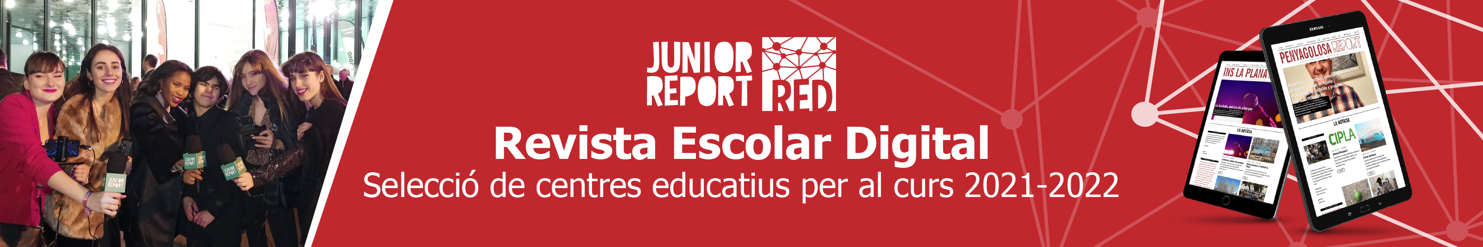 Banner per fer clic i conèixer el projecte Junior Report RED Revista Escolar Digital, Selecció de centres educatius per al curs 2021-2022